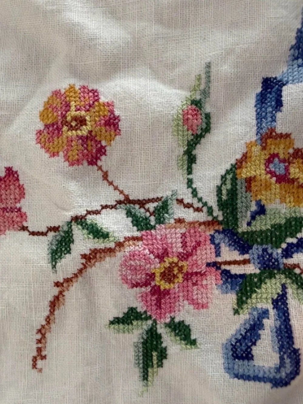 Floral Embroidered Cross Stitch Handkerchief Tea Towel- Pink Floral Design